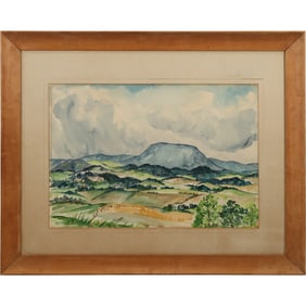 American Western Landscape with rolling hills, trees, and a mountain in the background, Framed