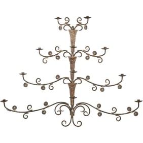 Wrought Iron Country French Wall Mount Tiered Candelabra in Original Patina Wash Finish