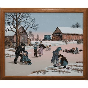 C Carson “Amish Winter Landscape” Framed Serigraph Painting Snowy Winter Farm