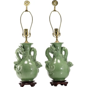 Pair Green Crackle Glazed Ceramic Dragon Vase Table Lamps 27 in. overall height