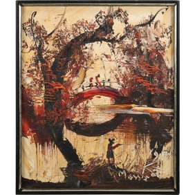 Morris Katz 1980, Jewish American, Acrylic Painting Figures Walking over Arched Bridge