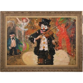 L Fiore, Signed Oil on Canvas, titled "Piccolo the Clown al Circo", Original Frame
