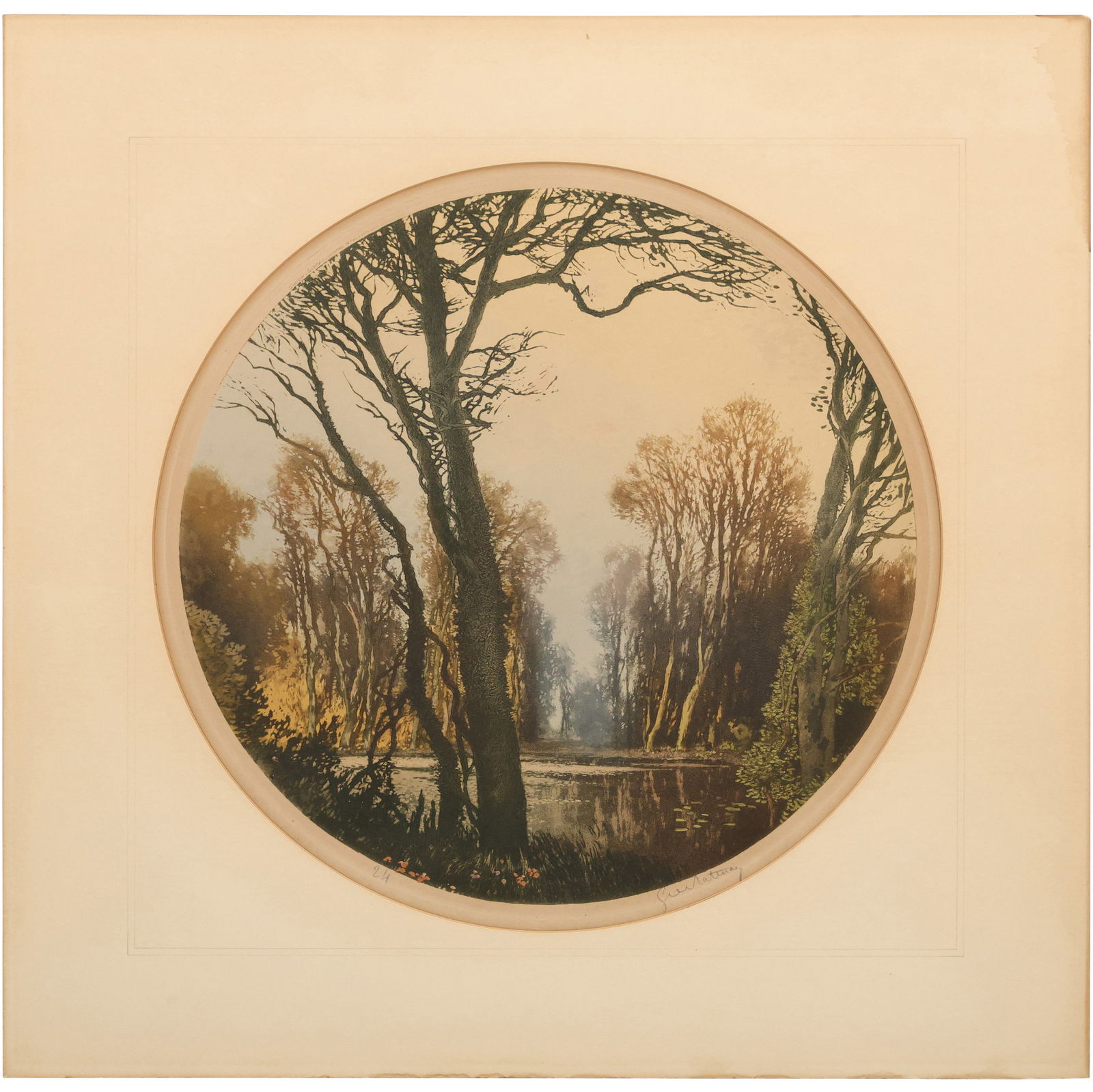 Artist Signed Round Color Engraving Woodland Landscape, Pencil Signed, Vintage: Artist Signed Round Color Engraving Woodland Landscape, Pencil Signed, Vintage. size: 15 circle, 22 x 33 matting