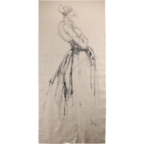 Large Ink Drawing on Linen of a Fashion Woman, Artist Signed Illegible, 68 in. x 27 in.