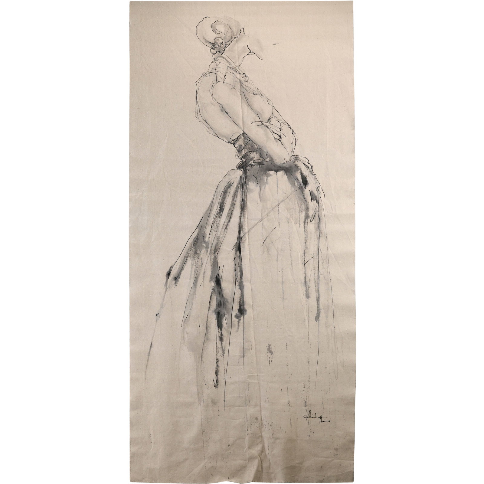 Large Ink Drawing on Linen of a Fashion Woman, Artist Signed Illegible, 68 in. x 27 in. (1 of 17)