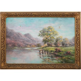 Large Vintage Oil on Canvas Painting River Landscape, Needs Some Restoration - See Pictures
