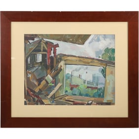 Signed Karl Sherman, Vintage Gouache Painting Rural Urban Building with Factory in Background