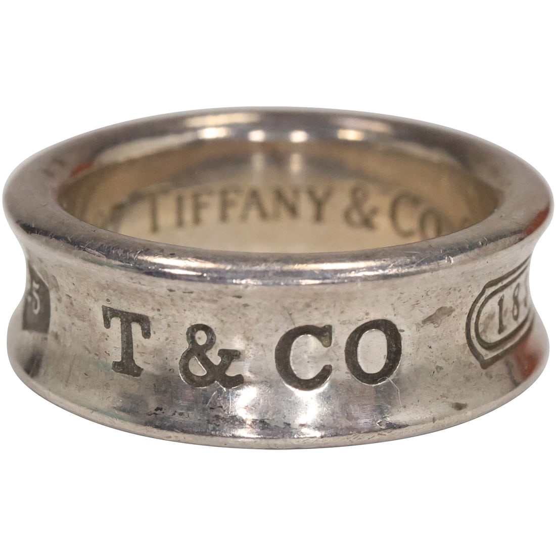 TIFFANY & CO, T & Co, .925 Sterling Silver Band Ring Size 5, with Fabric Pouch & Box