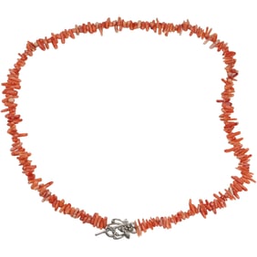 Unusual Long Coral Necklace with Floral Toggle 30 inches length x 3/4 in.