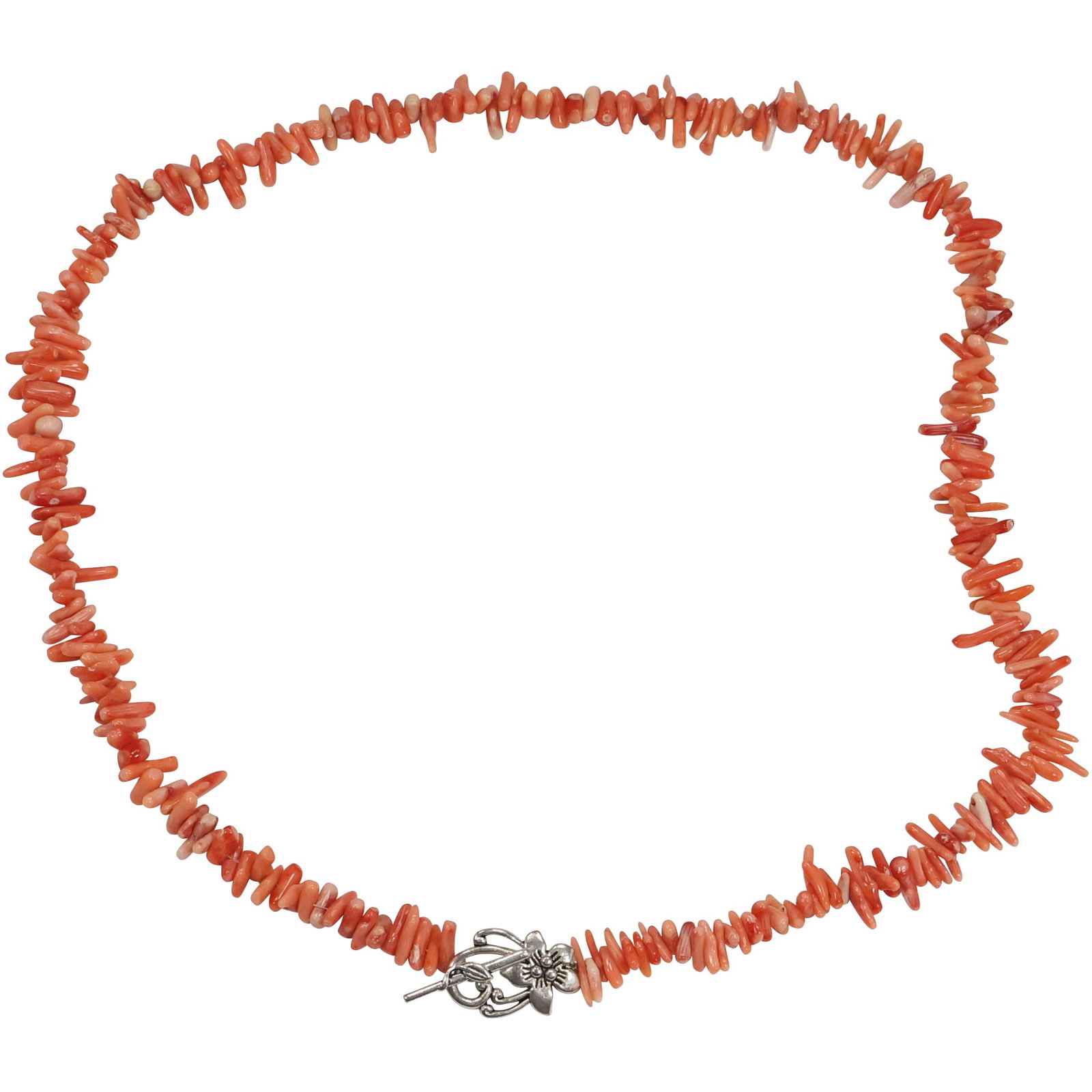 Unusual Long Coral Necklace with Floral Toggle 30 inches length x 3/4 in.: Unusual Long Coral Necklace with Floral Toggle 30 inches length x 3/4 in.