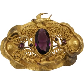 Victorian Brooch with 2 Snakes, 2 Birds and Purple Glass Stone 3 1/4 in. x 2 in.