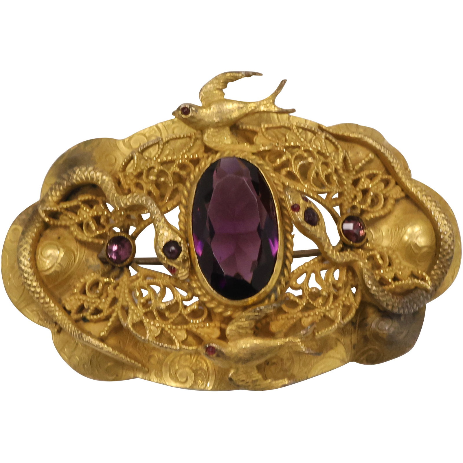 Victorian Brooch with 2 Snakes, 2 Birds and Purple Glass Stone 3 1/4 in. x 2 in.: Victorian Brooch with 2 Snakes, 2 Birds and Purple Glass Stone 3 1/4 in. x 2 in.
