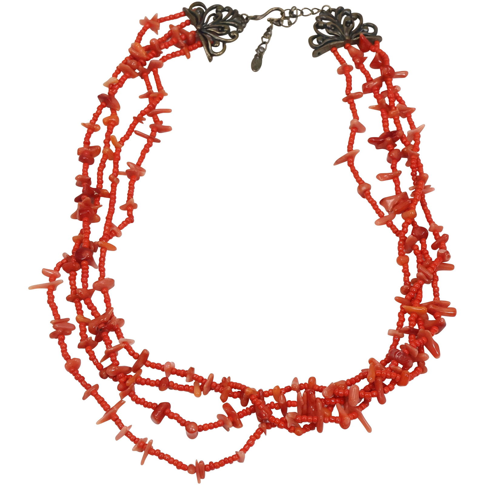 4-Strand Red Coral Necklace with Hook & Eye Closure 19 inches x 1 in.: 4-Strand Red Coral Necklace with Hook & Eye Closure 19 inches x 1 in.