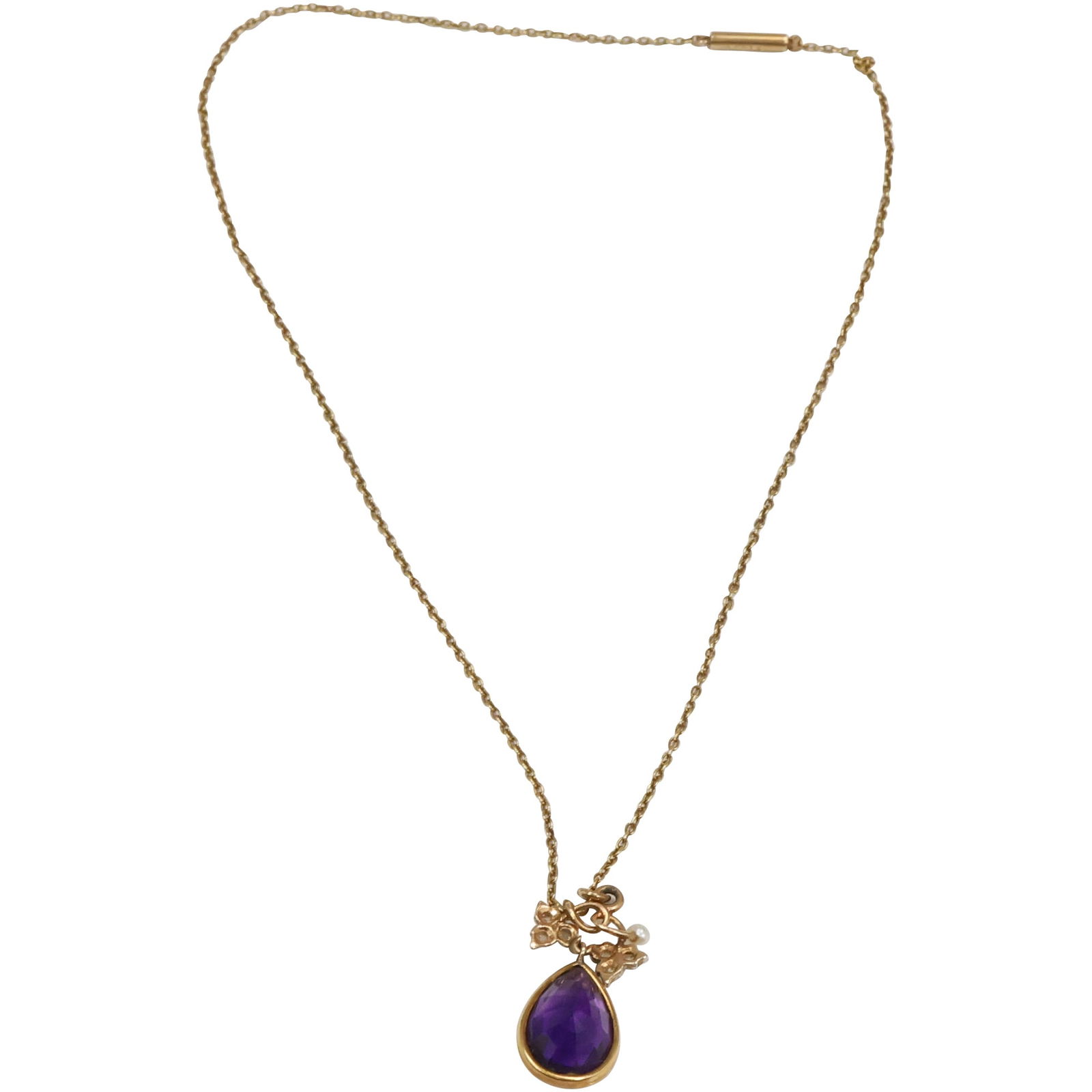 14K Gold, 2.6 dwt, Victorian Amethyst Pendant Necklace with Seed Pearls & Diamonds, 15 in. Chain (1 of 11)