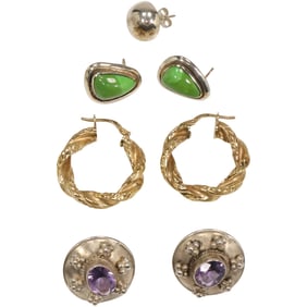 [4 Pairs] .925 Sterling Button Earrings with Applied Beading and Purple Amythest in Center;