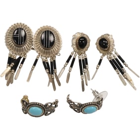 3 Assorted Pairs Native American Indian Pierced Earrings Sterling Silver, Turquoise, Black Onyx