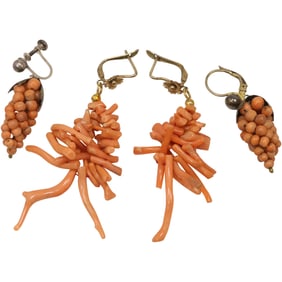 Pair Pink Coral Clusters Drop Earrings 2 in. x 1 1/8 in.; Pair Round Coral Beads Grapes Cluster