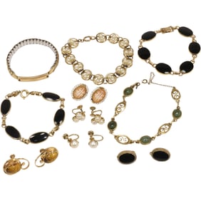 5 Pairs Earrings and 5 Bracelets: 12K GF Black Onyx Clip-on Earrings; 12K GF 3-Freshwater Pearls