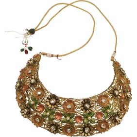 Vintage Fashion Bib Collar Adorned with Different Enameled Flowers with Center Crystals, Gold Tone
