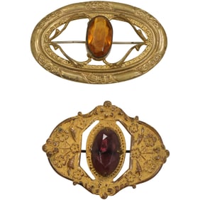 2 Victorian Brooches: Victorian Pin with Floral Decor and Purple Amethyst Stone 2 3/4 in. x 2 in.;