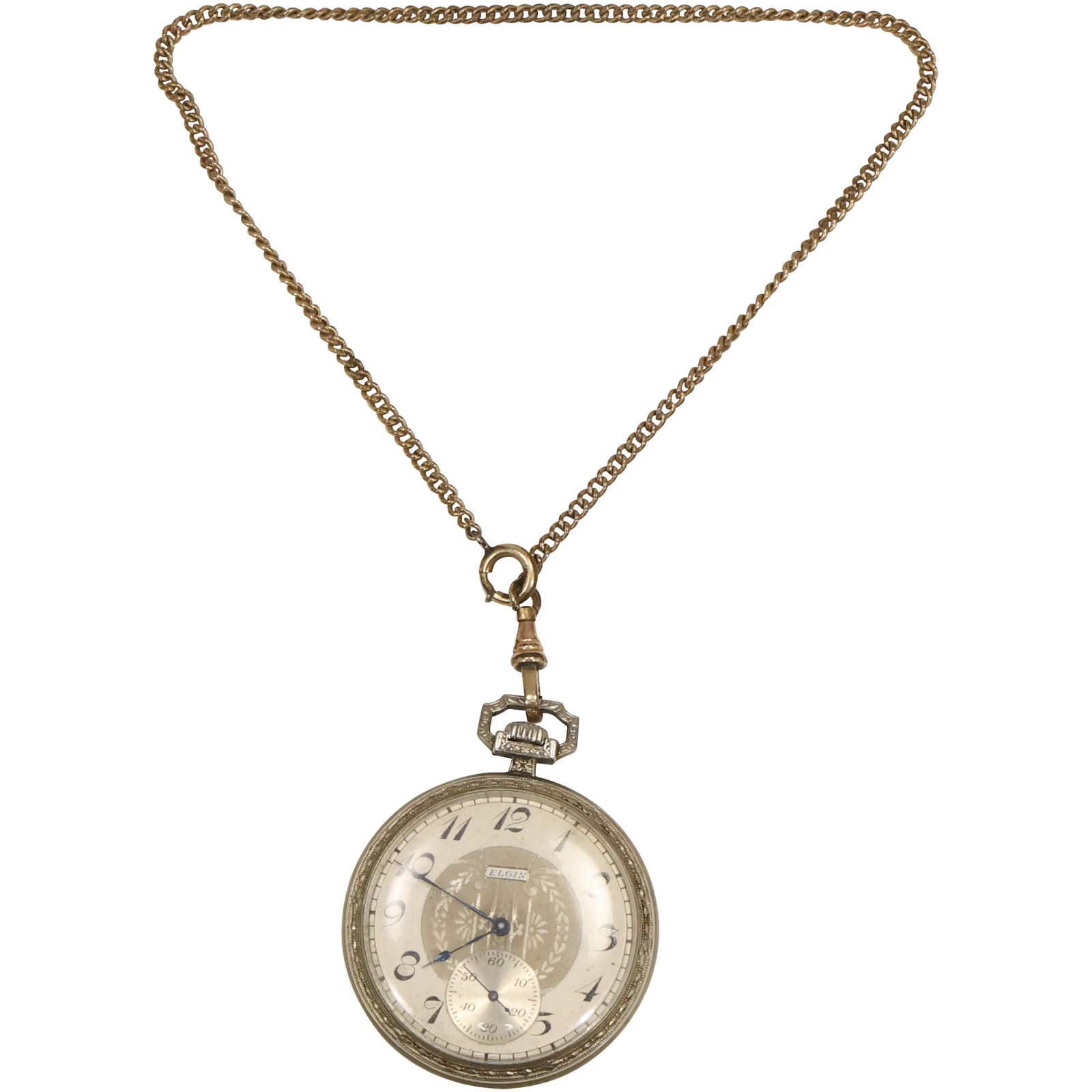 Elgin 14K GF 15 Jewels Pocket Watch, working, 2 in. x 1 3/4 in. with Fob Chain 12K GF 13 1/2 in. (1 of 18)