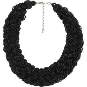 Victorian Black Jet Glass Beads Braided into a Necklace 19 inches length x 1 1/2 in. wide