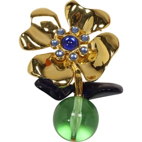 IVANA TRUMP, signed, Pin Gold Tone Petals with Blue Cabochon Center Stones, 2 Enamel Green