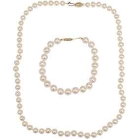 14K Gold Clasp Genuine Classic White Freshwater Cultured Pearls Necklace and Bracelet