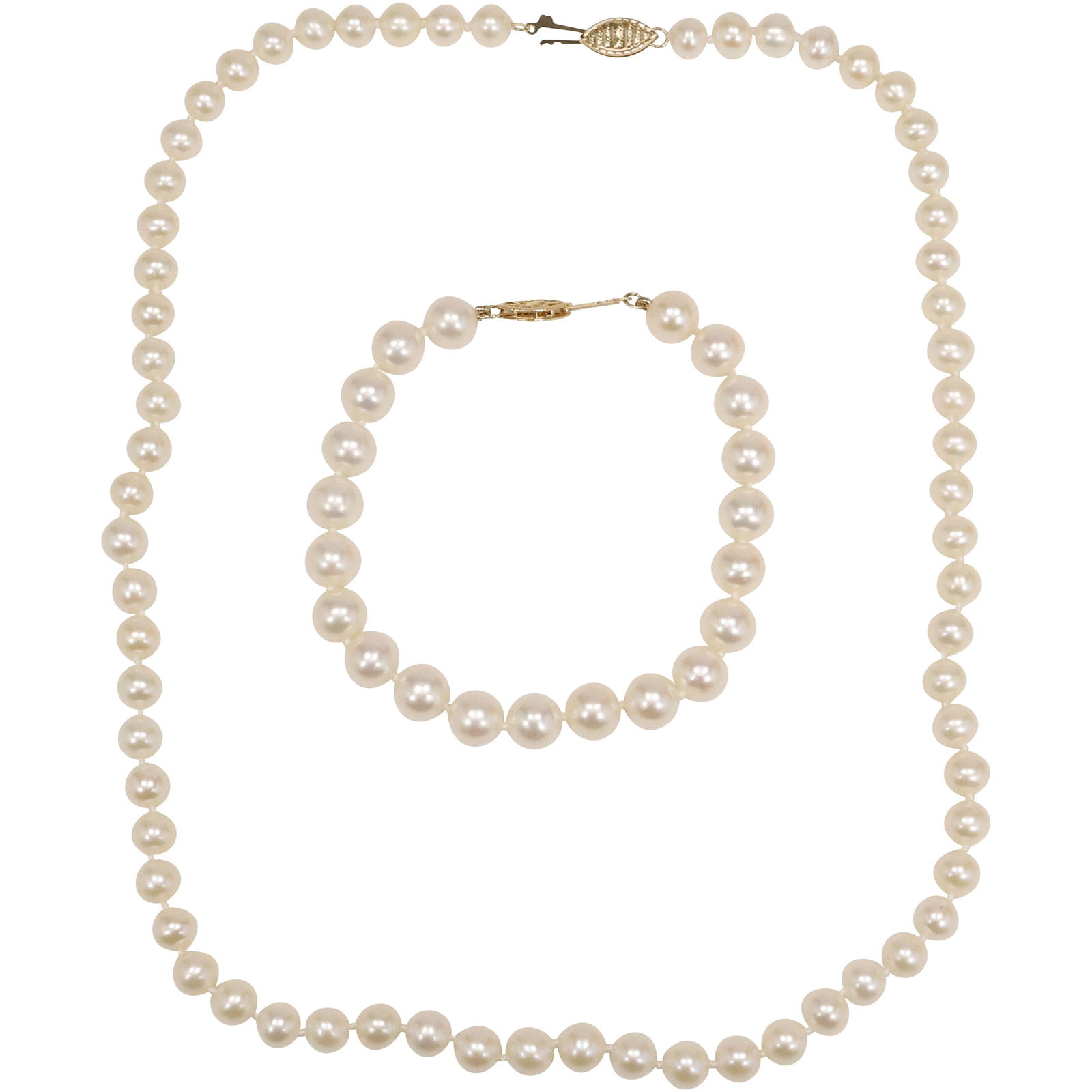 14K Gold Clasp Genuine Classic White Freshwater Cultured Pearls Necklace and Bracelet: 14K Gold Clasp Genuine Classic White Freshwater Cultured Pearls Necklace 18 in. x 1/4 in. and Bracelet 7 1/2 in. x 3/8 in.