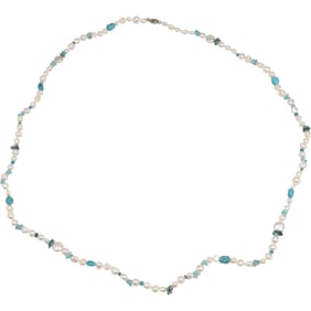 Genuine Freshwater Pearls and Turquoise Beads Necklace with .925 Arerling Clasp, 40 inches