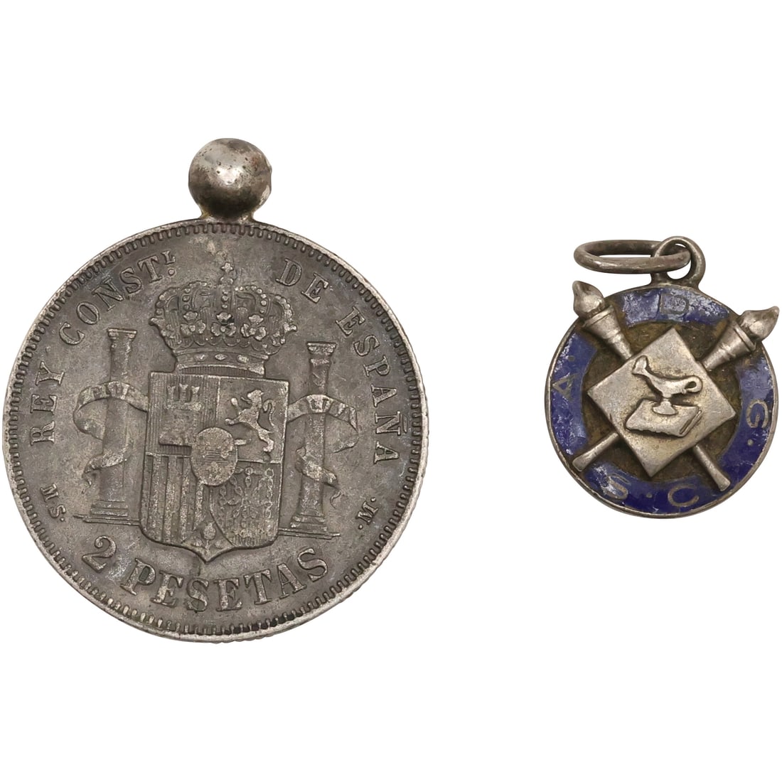 [2] St. Rey Const De Espana Coin .925 Sterling 1 in. dia.; and Medal / Charm 5/8 in. dia. (1 of 18)