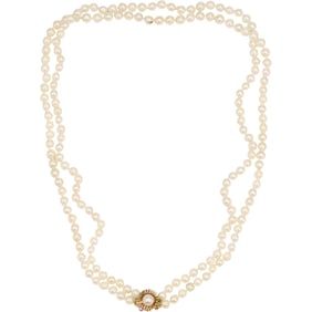 14K Gold Flower Clasp Adorned with Ruby, Genuine Freshwater Cultured Classic White 2-Strand Pearls