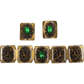 3 Piece Costume Set Cherub Bracelet with Shoe Clips, Green Stone