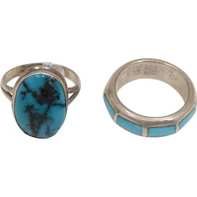 [2] Sterling Silver and Turquoise Men's Ring Size 10; Sterling and Turquoise Men's Ring Size 11