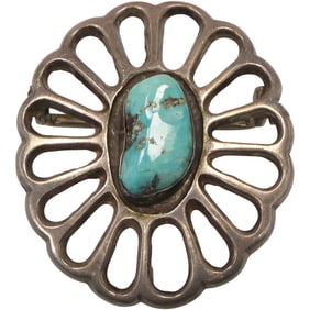 Native American Indian Sterling Silver with Center Turquoise Stone Belt Buckle 2 1/4 in. x 2 in.