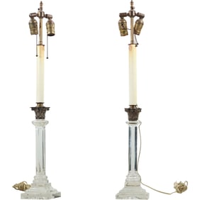 Pair Tall Neo-Classical Crystal Glass Column Table Lamps 31 in. overall height x 5 in. wide base
