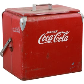 Original Red Vintage Coca Cola Metal Cooler With Sandwich Tray Inside 18 in. x 18 in. x 14 in.