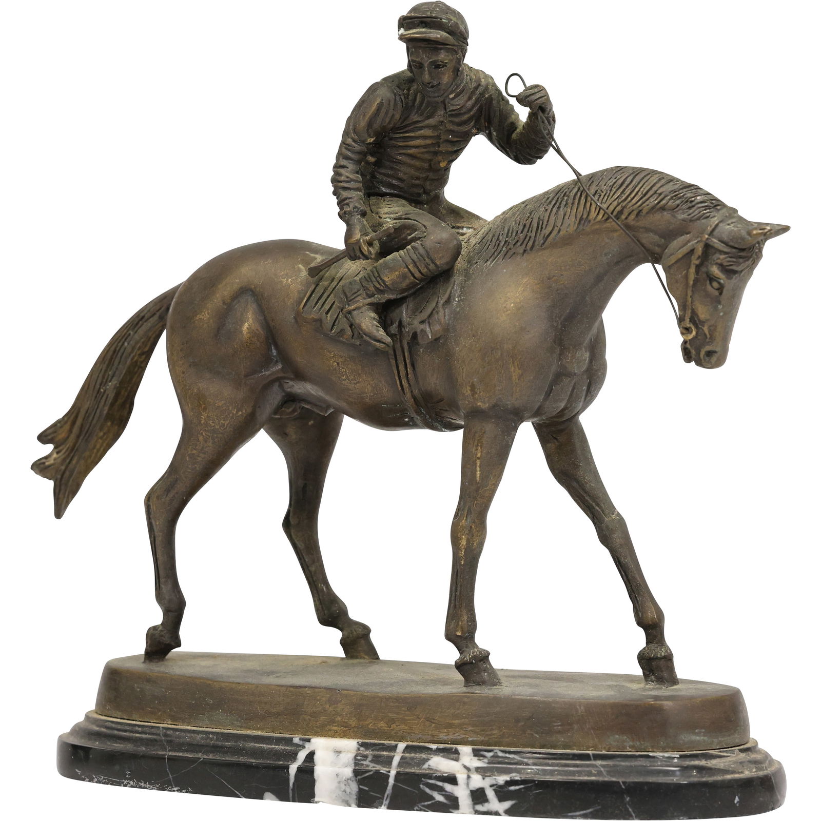 Bronze Jockey Riding a Horse Sculpture Mounted on a Marble Base - Good Patina 11 in. length: Bronze Jockey Riding a Horse Sculpture Mounted on a Marble Base - Good Patina 11 in. length. size: 9.75 in. height, 11 in. length S:A