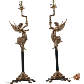 Pair of Tall Brass Empire Style Table Lamps with Winged Mermaids 28 in. overall height x 6 in. wide