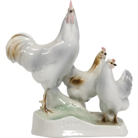 Zsolnay Hungary Fine Porcelain Grouping Rooster and Hens 7.25 in. x 7 in.