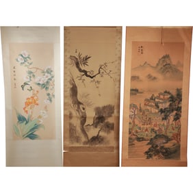 3 Assorted Chinese Decorated Scrolls, sizes 34 in. x 15 in.; 41 in. x 18 in., 26 in. length rolled