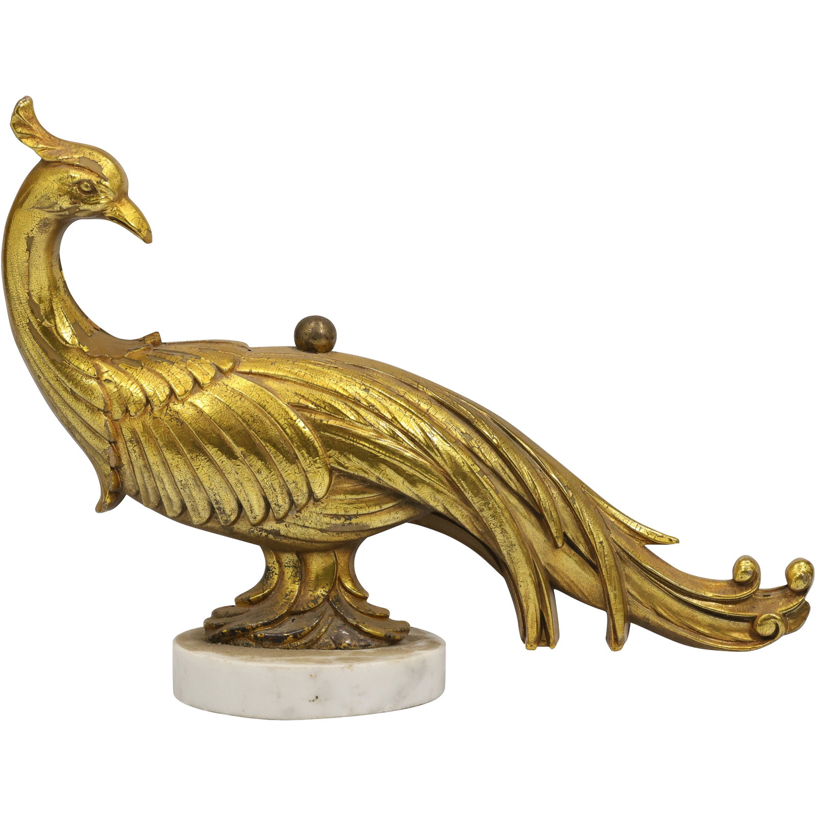 Pair Vintage Syroco Gold Gilt Pheasant Peacock Bird Figurine Statue Mounted on White Marble Base: Pair Vintage Syroco Gold Gilt Pheasant Peacock Bird Figurine Statue Mounted on White Marble Base. size: 8.75 in. height, 12 in. wide S:A