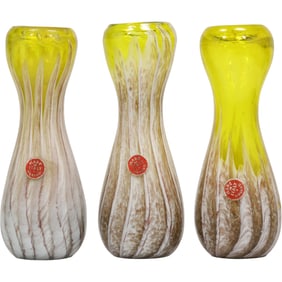 Set of 3 Murano Art Glass Vases Yellow fades to White, Original Labels, 7.75 in. height x 3.25 in. w
