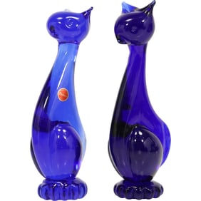 2 Murano Italian Cobalt Blue Art Glass CAT Figure Sculptures Original Labels 9.5 in. height
