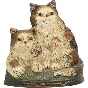 Vintage Cast Iron Cat Kitten Doorstop 2 Cats Door Stop Long Hair Persian Calico in Original Paint