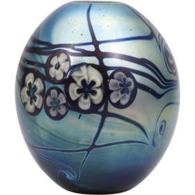 Signed Robert Eickholt Art Glass Paperweight Oil Lamp Blue Iridescent with Stylized Flowers