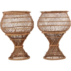 Pair Vintage Retro Wicker Garden Plant Stands with Hourglass Base in Natural Finish 24 in height