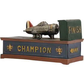Novelty Cast Iron "Airplane Race Champion" Mechanical Bank in Original Paint Finish 8.5 in. length