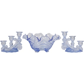Cambridge Caprice Moonlight Blue Glass Console Set, Center Bowl and Pair Triple Candlesticks