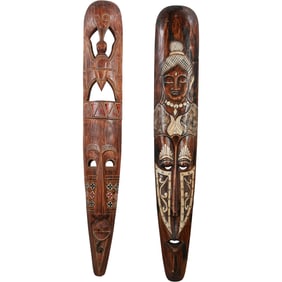 2 Hand Carved Wooden Elongated African Ceremonial Masks 39 inches length x 6.5 in. wide